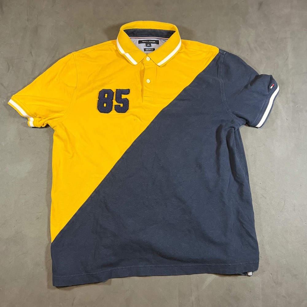 Y2K Tommy Hilfiger Polo Shirt Mens Large Yellow Navy Blue Colorblock 85 Hilfiger